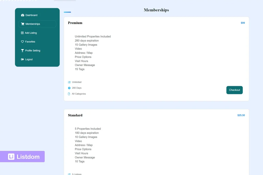 listdom frontend dashboard membership package selection interface screenshot