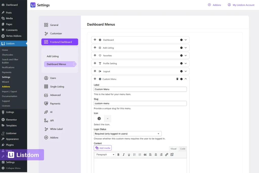 listdom frontend dashboard menus settings interface screenshot