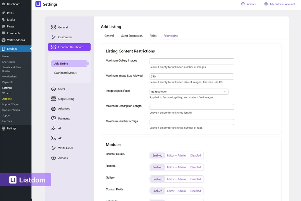 listdom frontend dashboard restriction settings interface screenshot