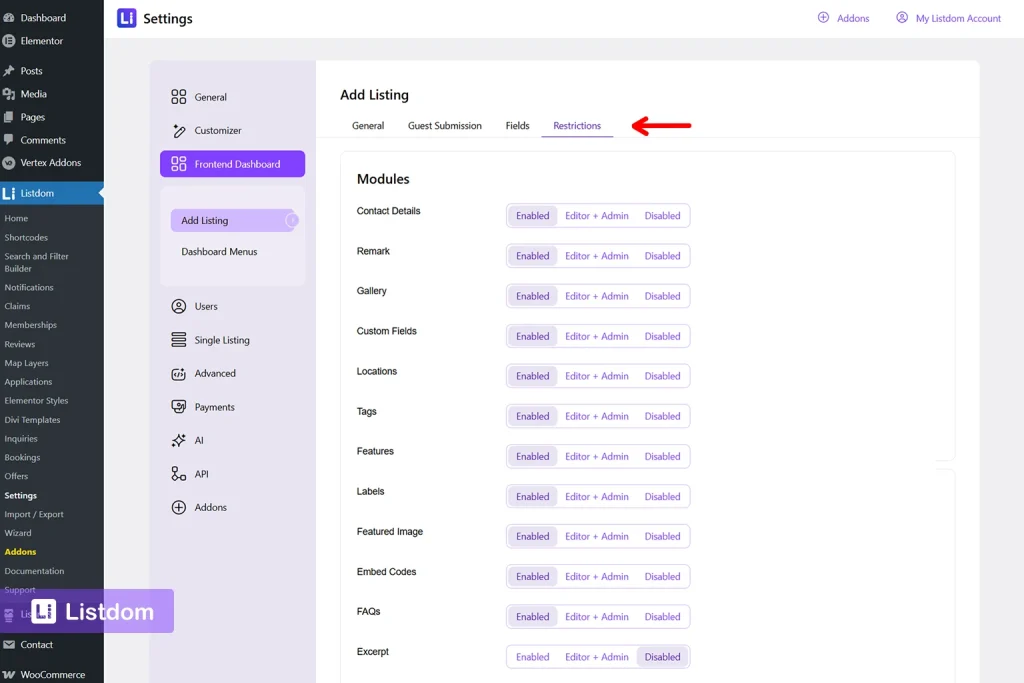 listdom frontend dashboard restrictions menu screenshot