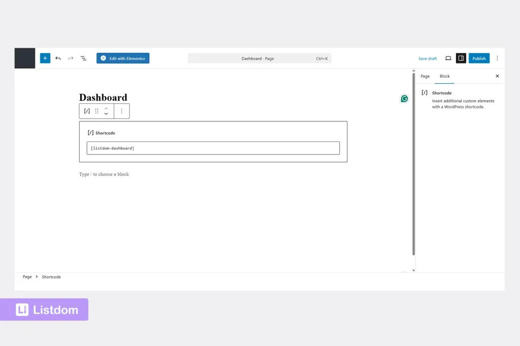 listdom frontend dashboard shortcode on a wordpress page