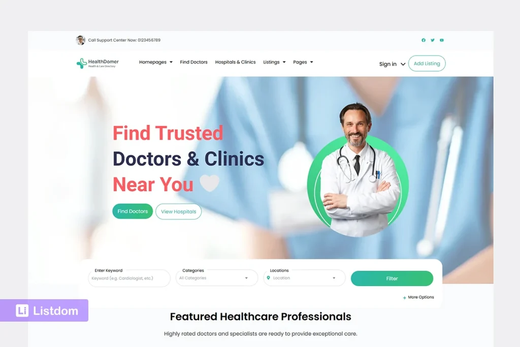 listdom health care directory demo homepage screenshot