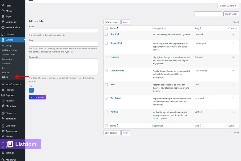 listdom labels menu interface screenshot