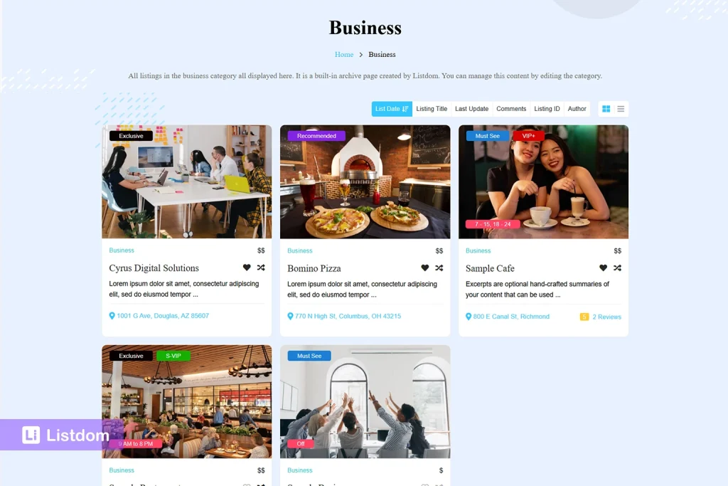listdom listings category taxonomy archive screenshot