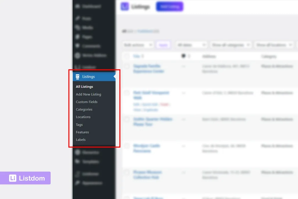 listdom listings menu in wordpress dashboard