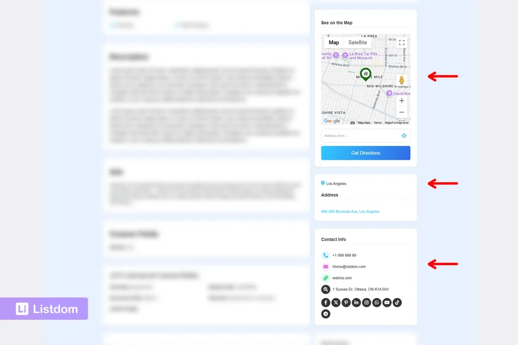 listdom map, address, and contact details on single listing page screenshot