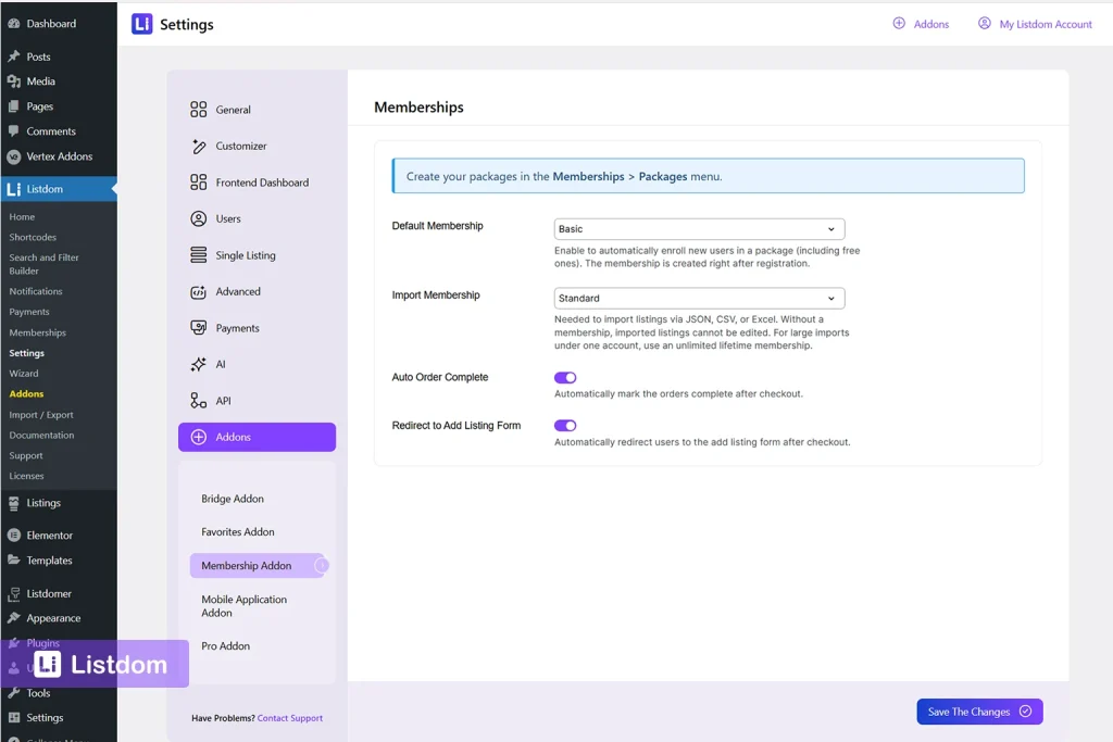 listdom membership addon settings interface