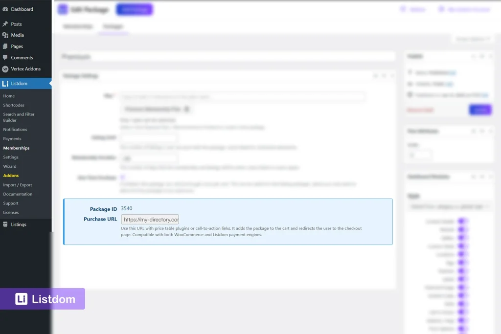 listdom membership package id and url