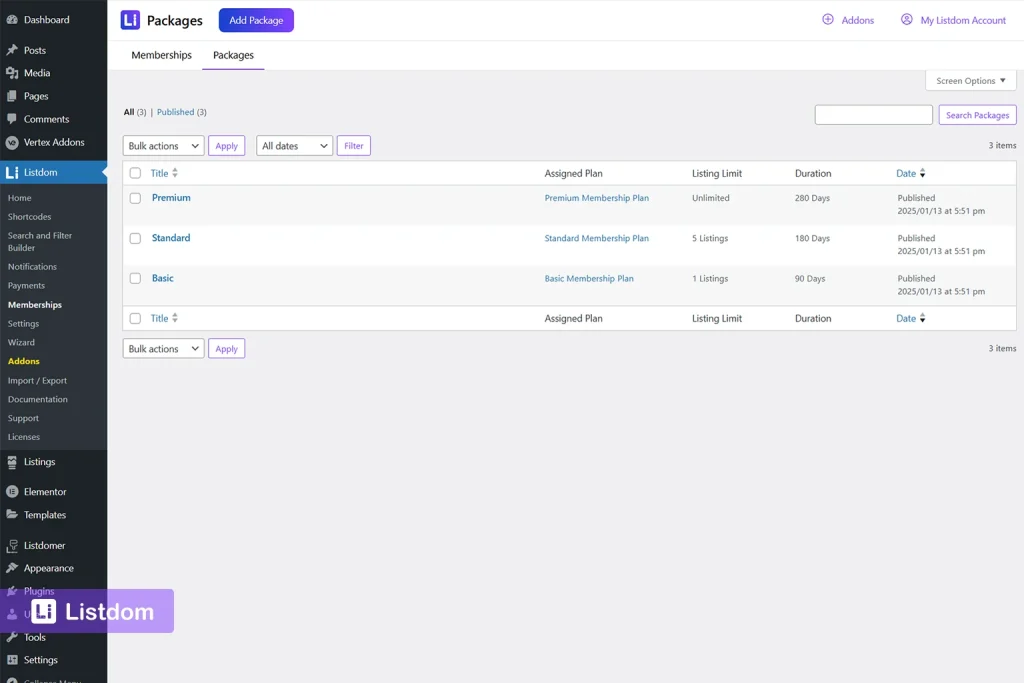 listdom membership packages menu