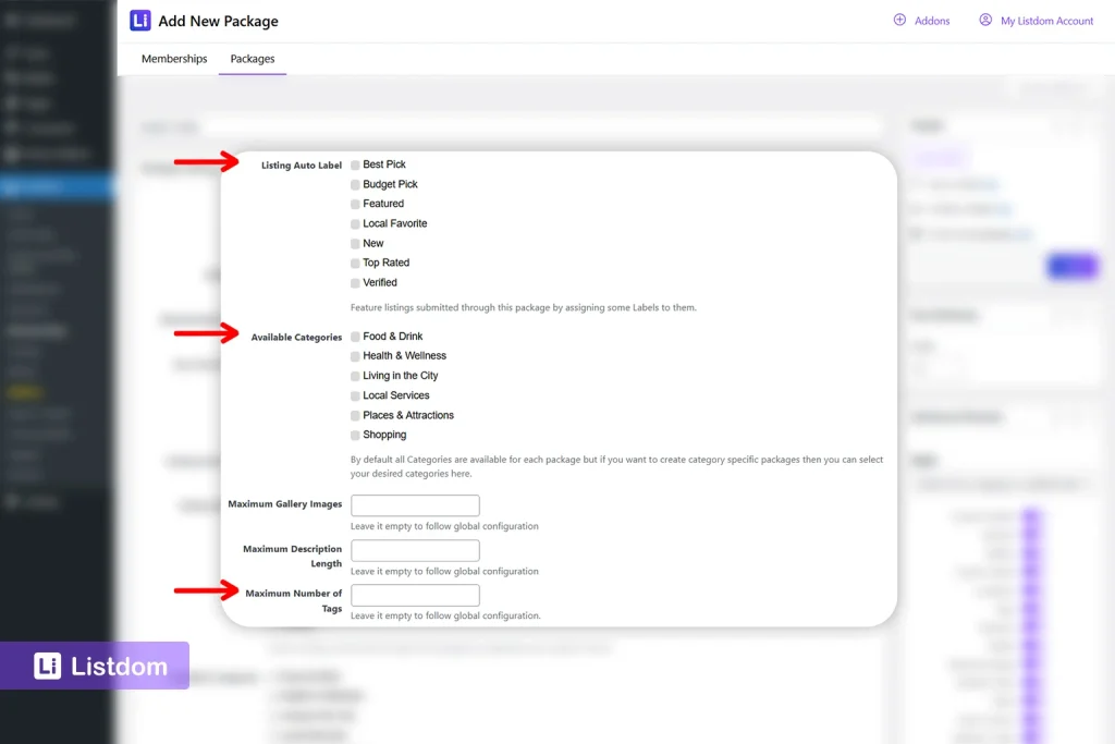 listdom membership packages settings including auto label available categories and maximum tags