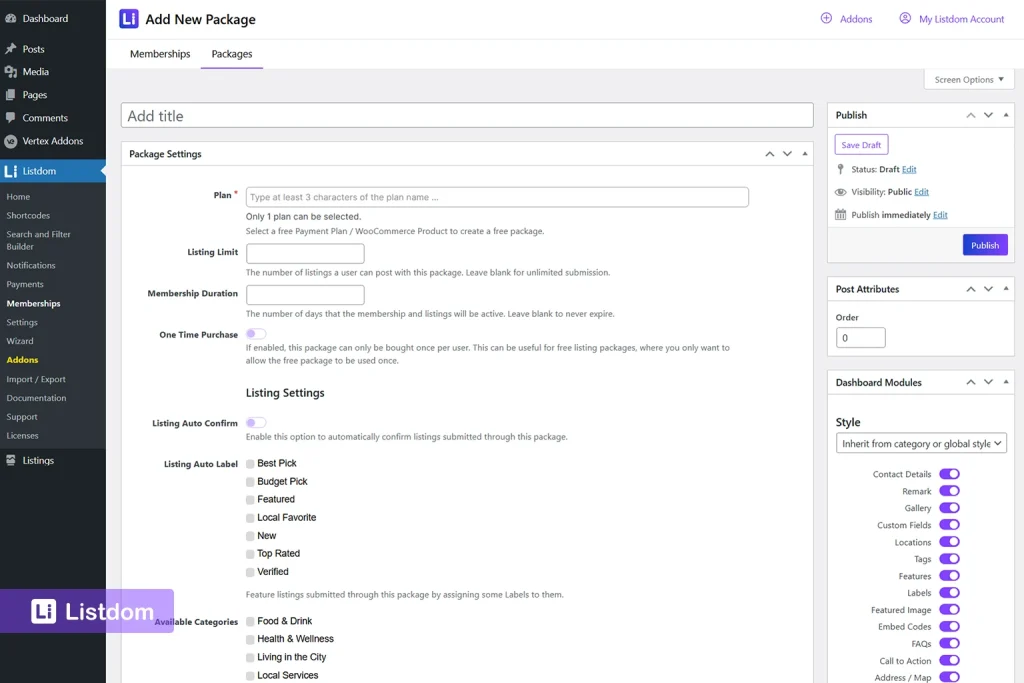 listdom membership packages settings interface screenshot