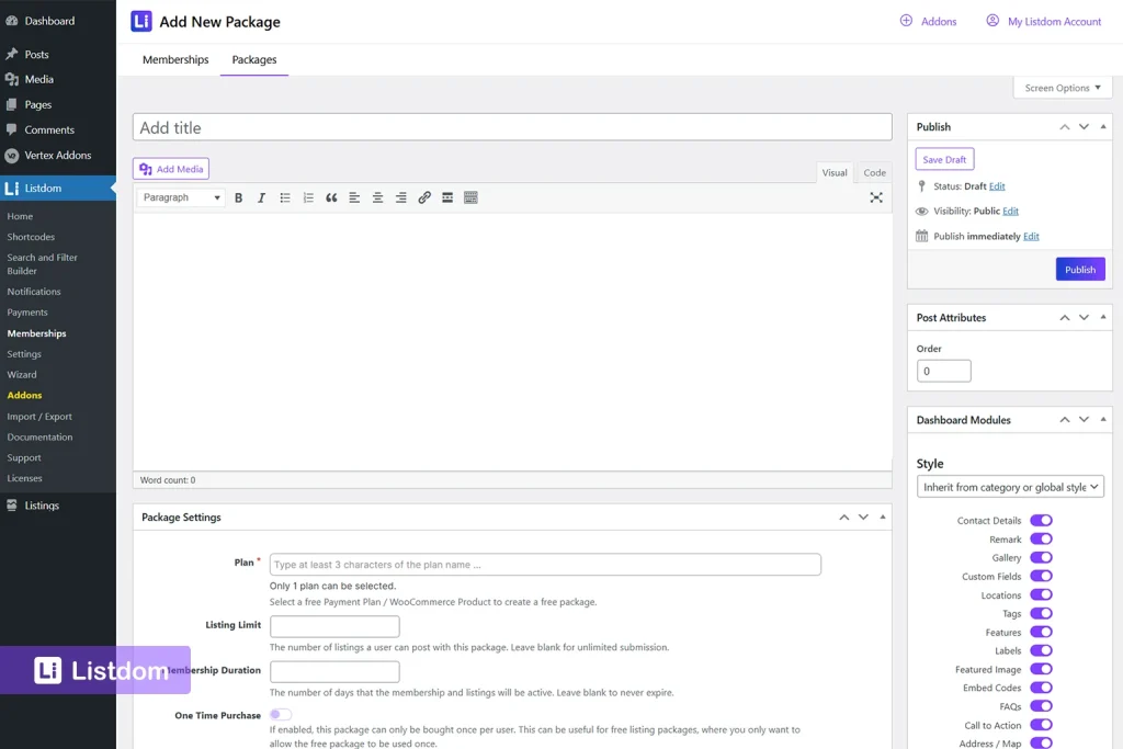 listdom membership packages settings interface screenshot