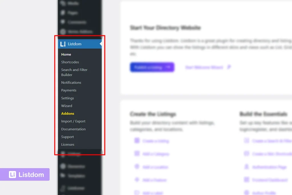 listdom menu in wordpress dashboard