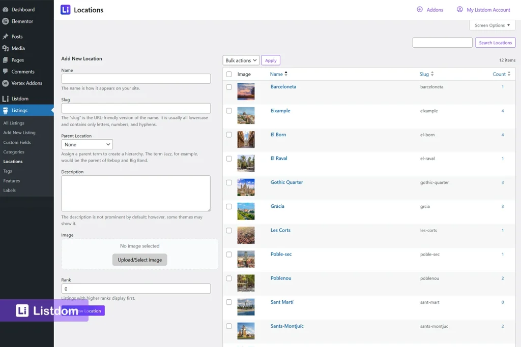 listdom new location adding form
