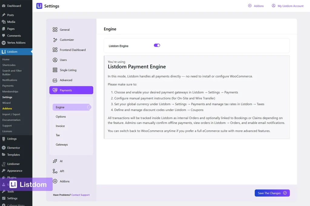 listdom payment engine settings menu interface screenshot