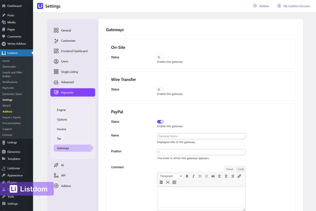 listdom payment gateways settings