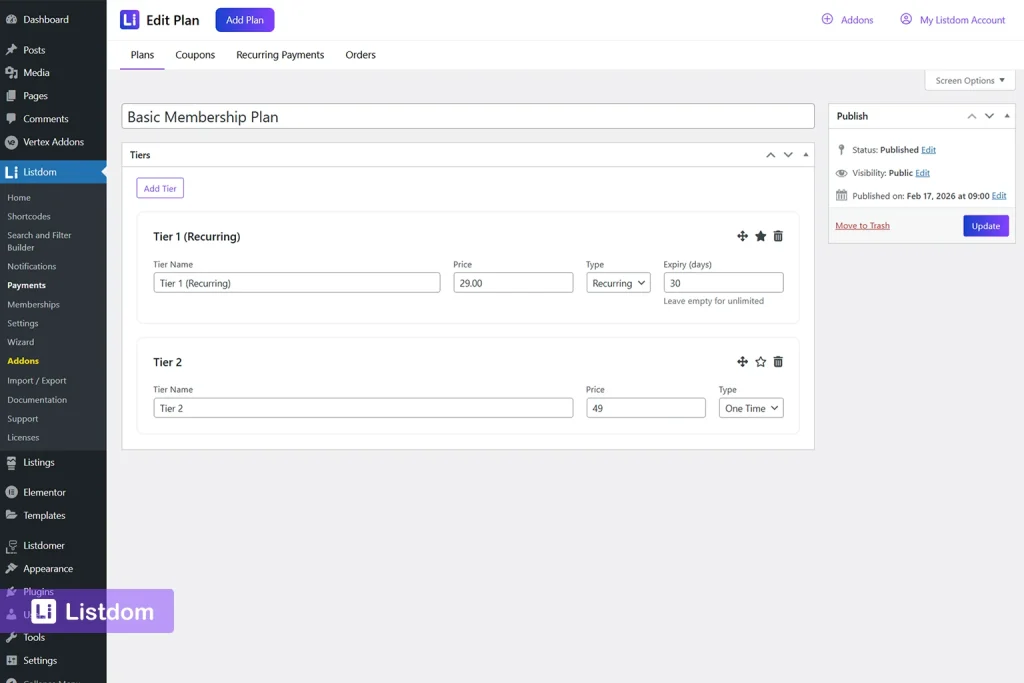 listdom payment plans configurations interface screenshot