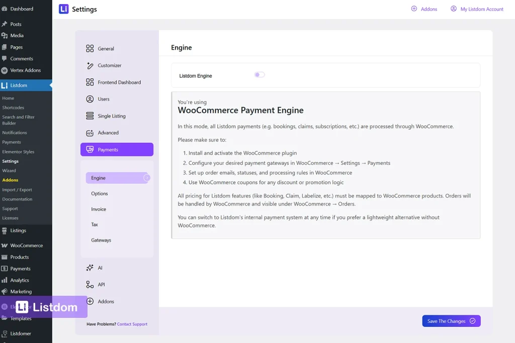 listdom payment settings - choosing Woocommerce as the payment engin
