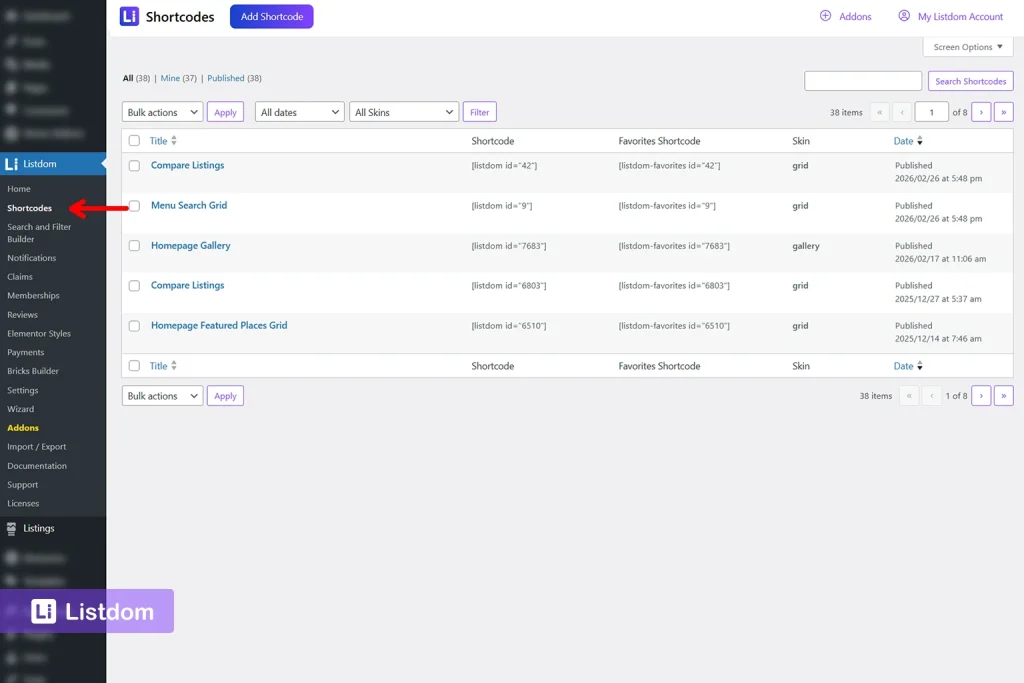 listdom shortcodes menu interface screenshot
