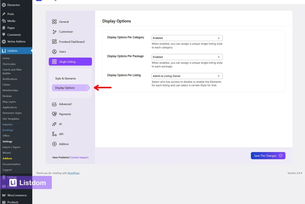listdom single listing display options menu screenshot