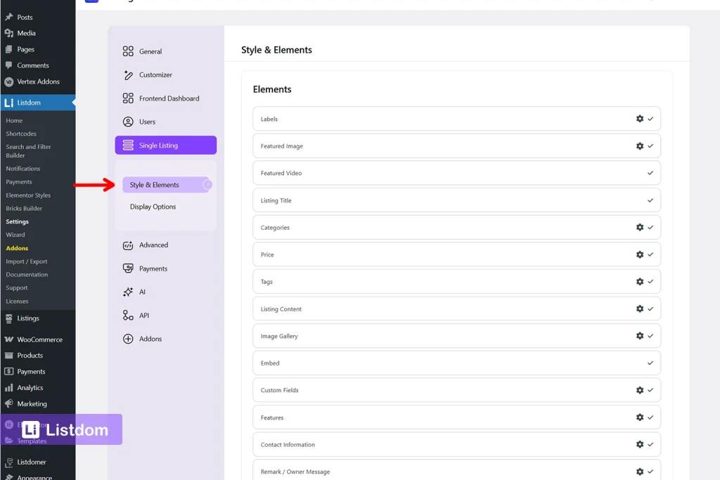listdom single listing elements settings