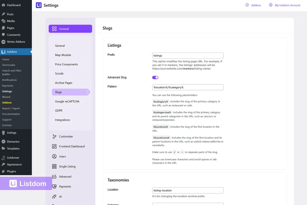 listdom slugs settings menu interface screenshot