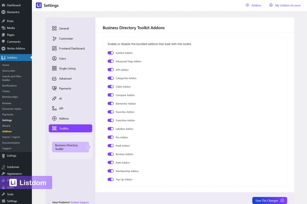 listdom toolkit settings menu interface screenshot