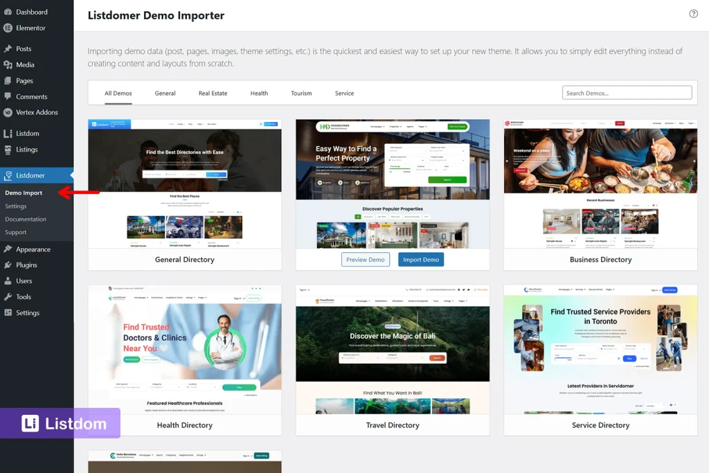 listdomer demo import interface screenshot