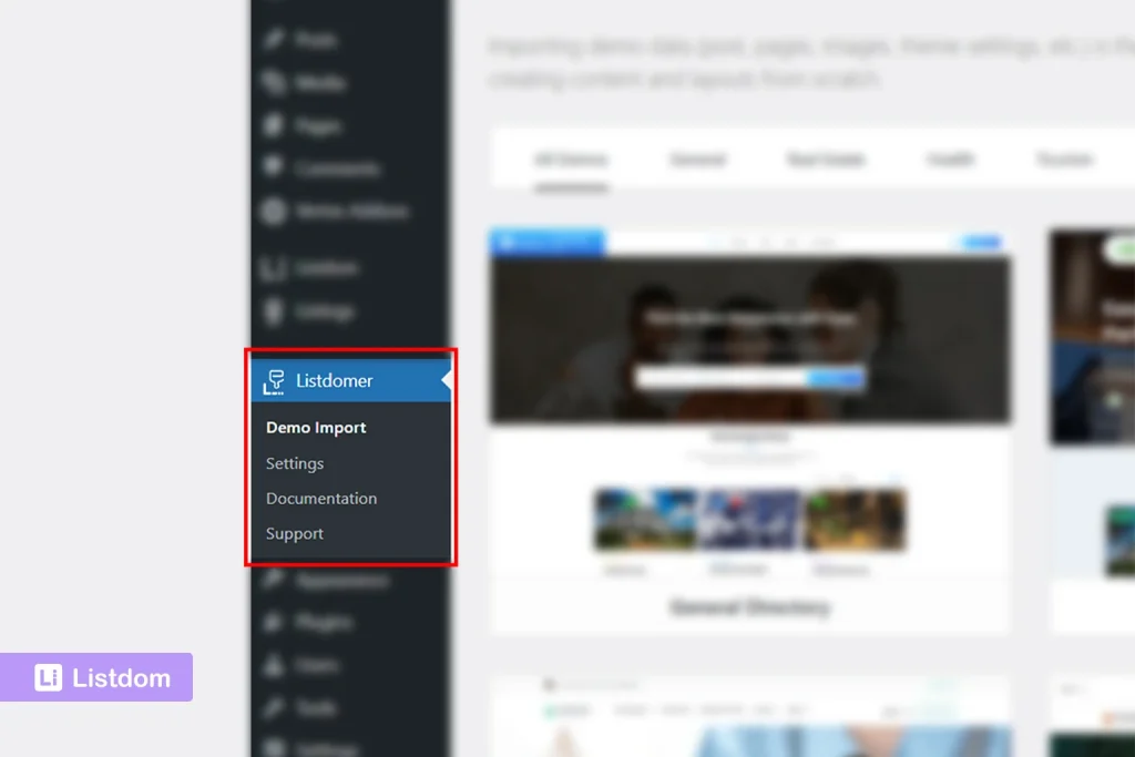 listdomer theme menu in wordpress dashboard