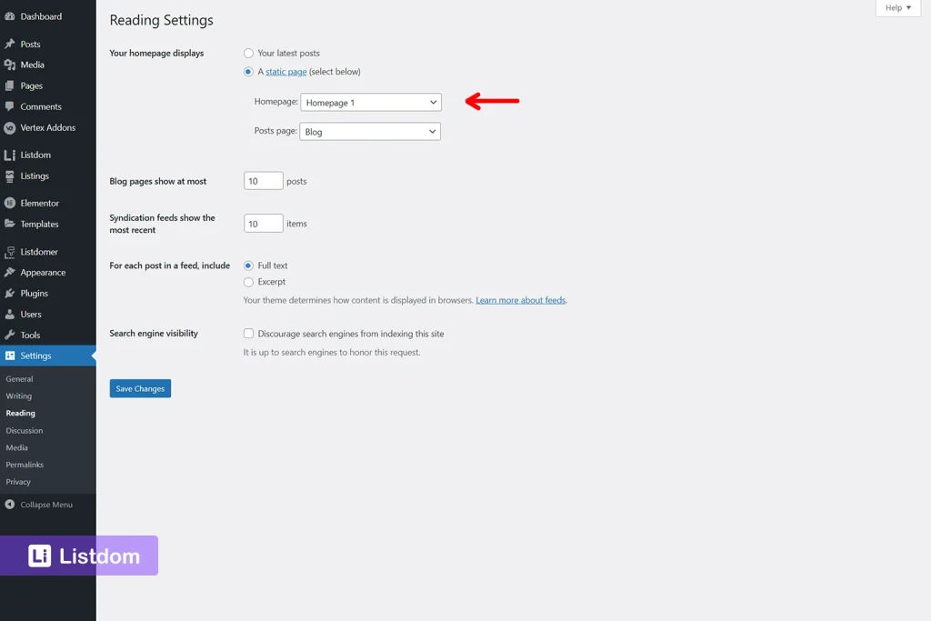 site homepage in wordpress reading settings interface screenshot
