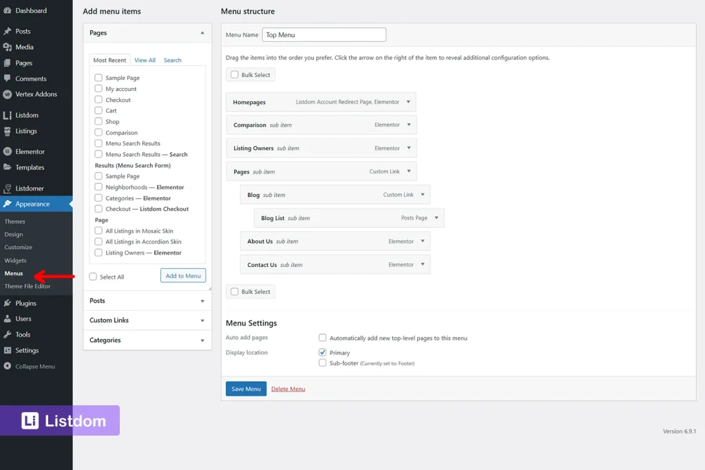 wordpress site menu settings interface screenshot