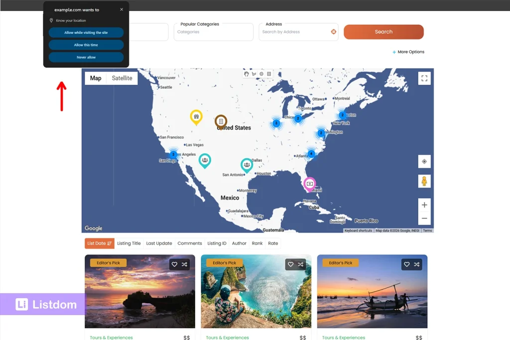 browser asking for user location permission in Listdom search form