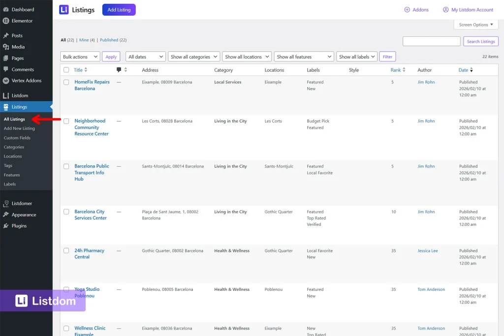 listdom all listings menu interface screenshot