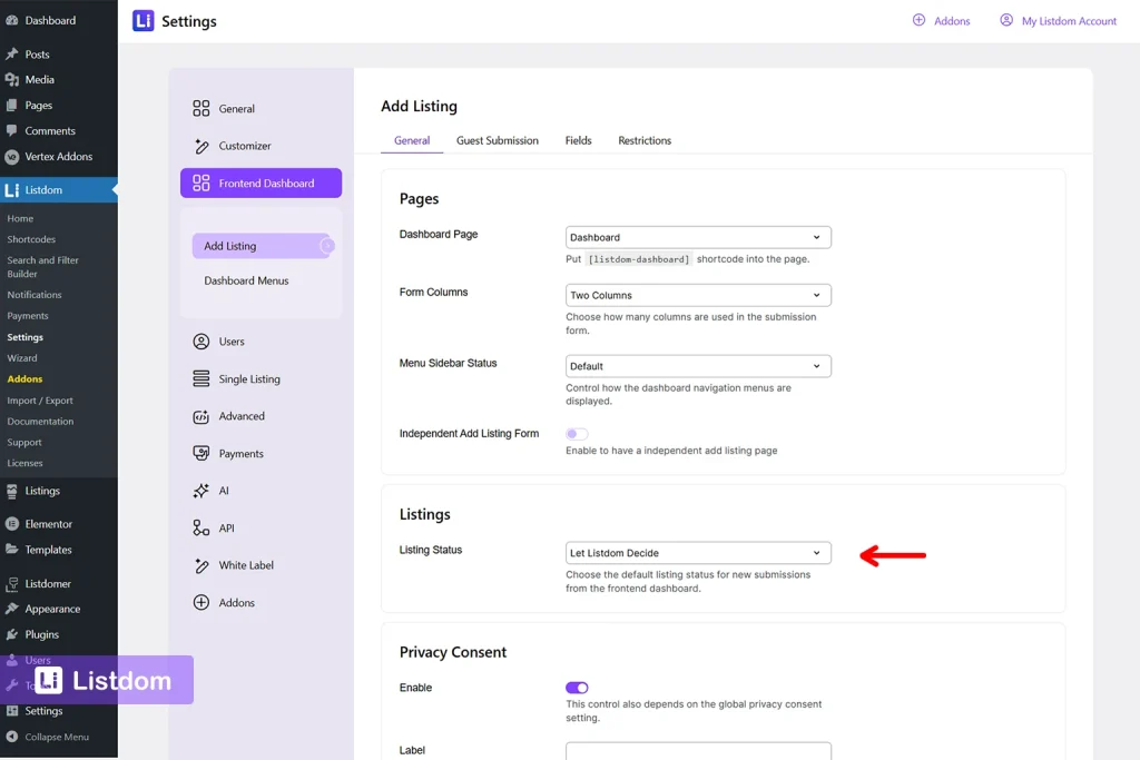 listdom frontend dashboard listing stattus in general settings interface screenshot