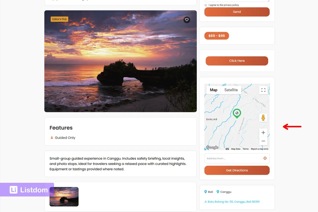 listdom listing location displayed on the map
