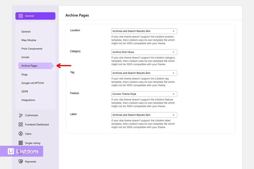 listdom listings archive settings