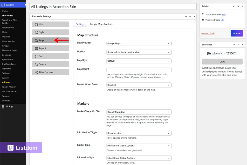 listdom skin shortcodes map settings