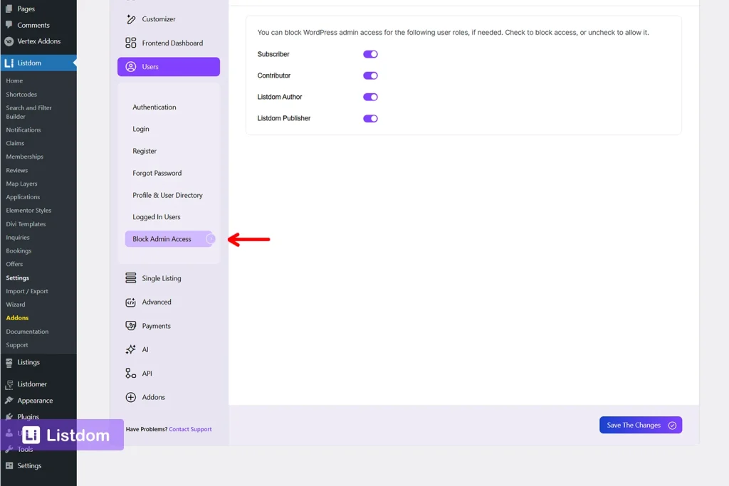 listdom users settings - block admin access menu interface