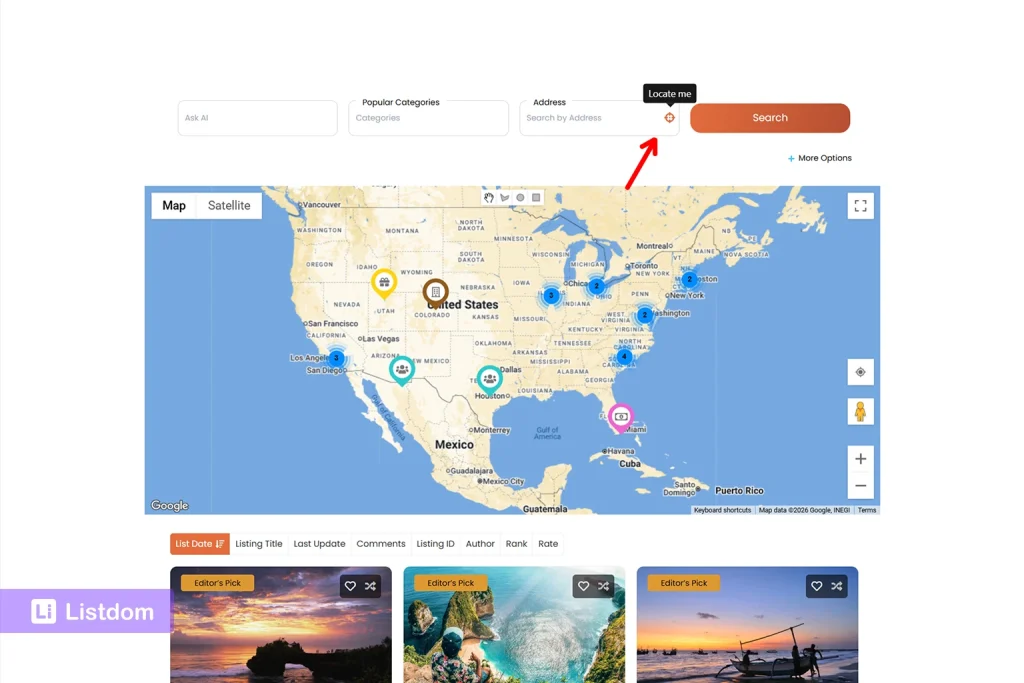 my location button in the address field of the listdom search form