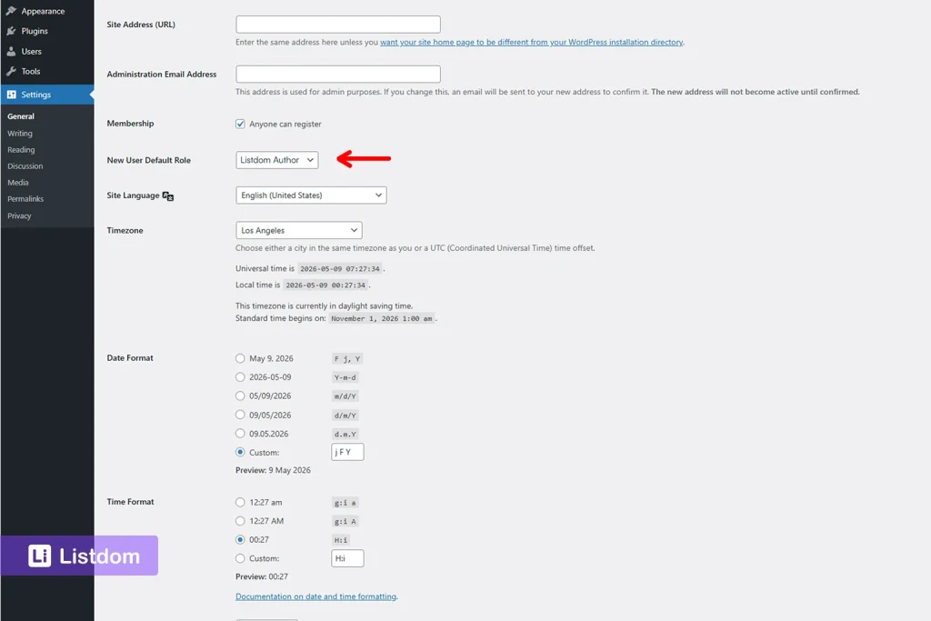 wordpress default user role set to listdom author interface screenshot