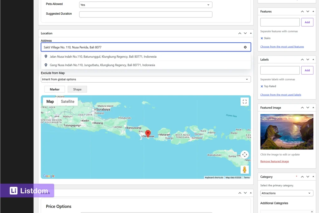 address map marker and coordinates specification on the listdom add listing form