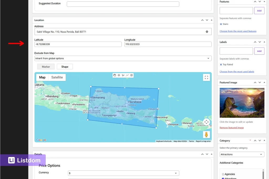 address, map shape, and coordinates specification on the listdom add listing form