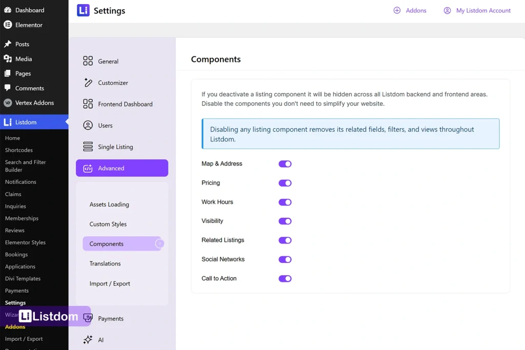component settings in the listdom advanced settings