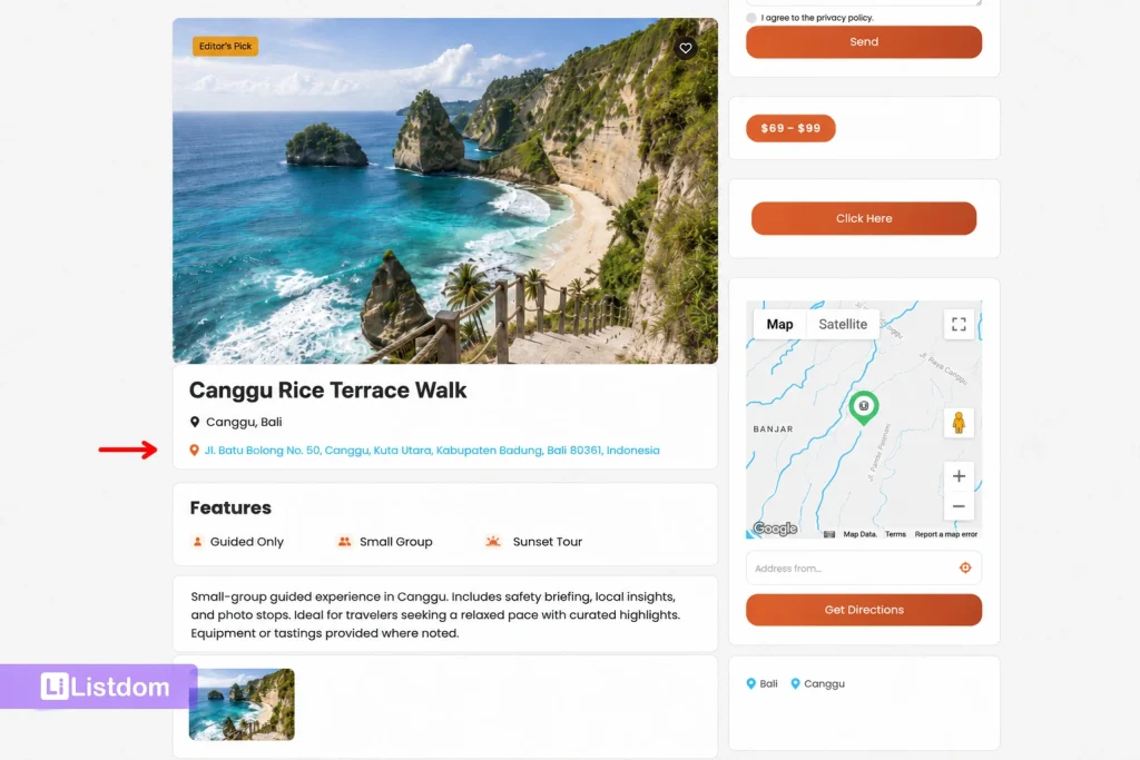 listing address displayed on the single listing page of listdom